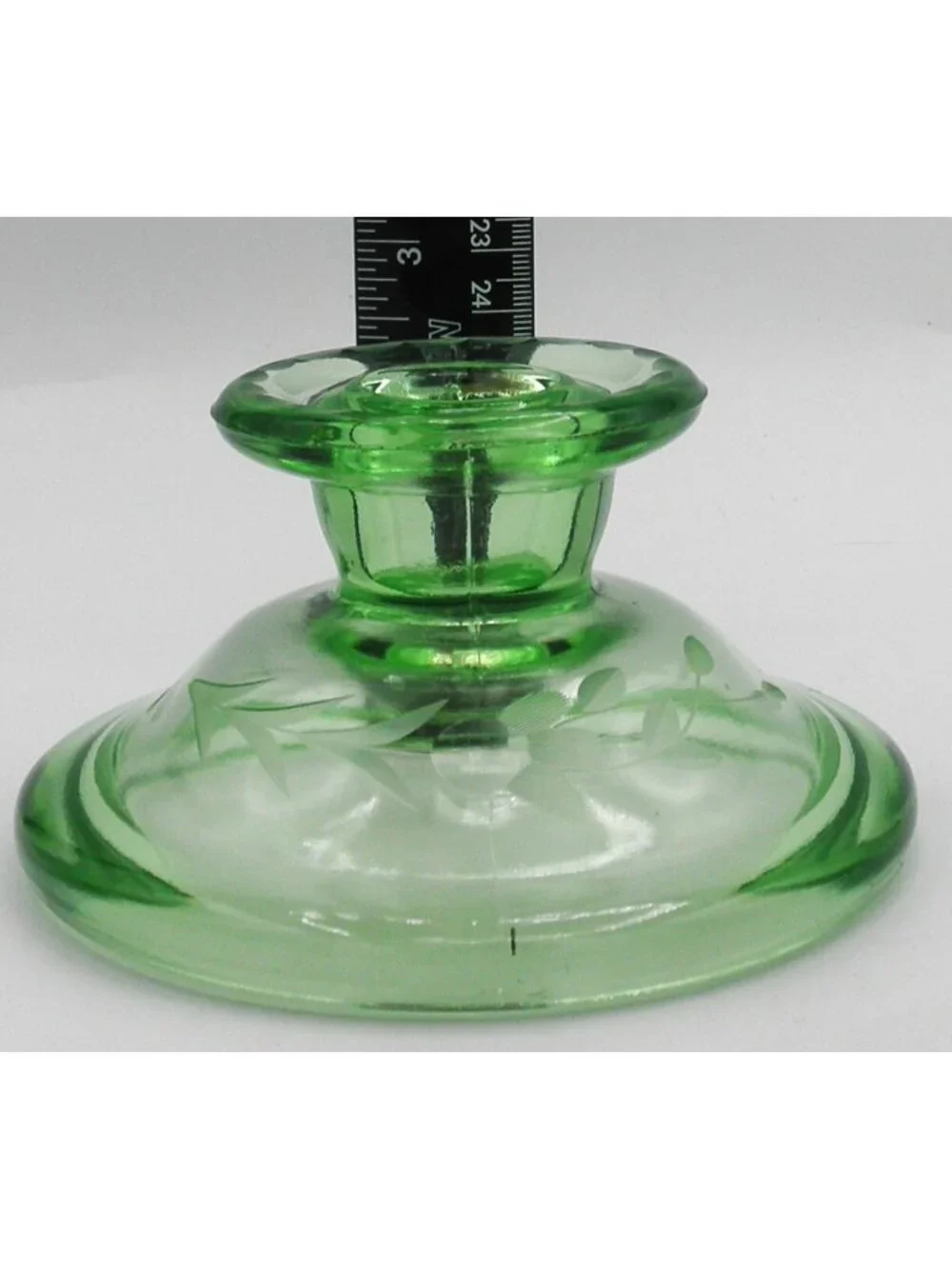 Etched Green Depression Glass Rolled Edge Console Bowl 2 Matching Candle Holders